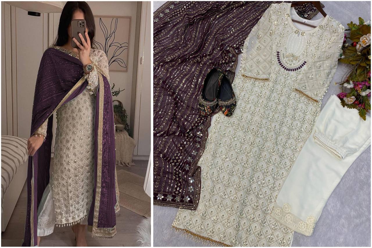 Elegant Fox Georgette Set with Sequence Embroidery & Real Mirror Dupatta YNF