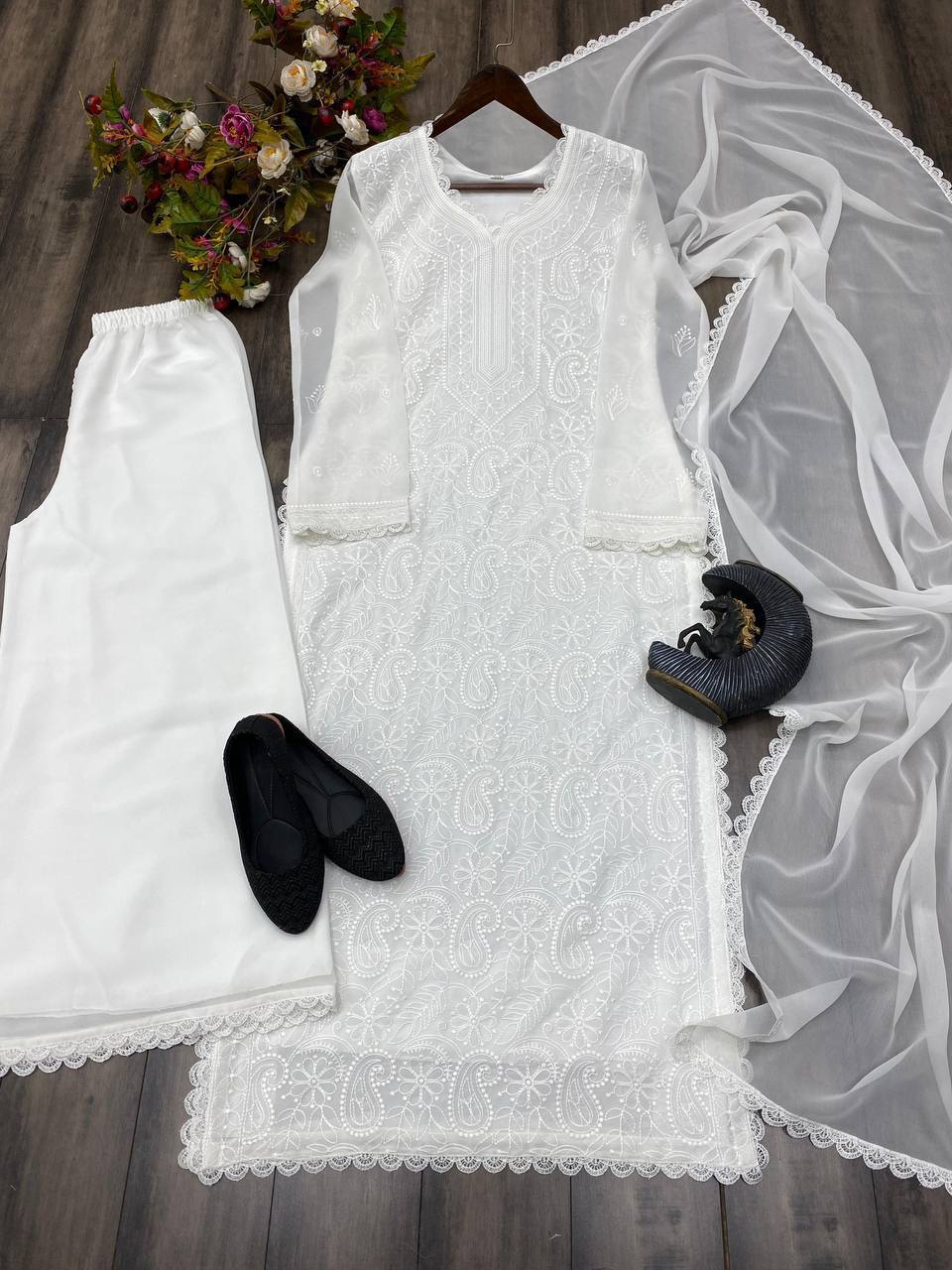 Elegant Faux Georgette Embroidered Top-Plazo Set with GPO Lace Work YNF