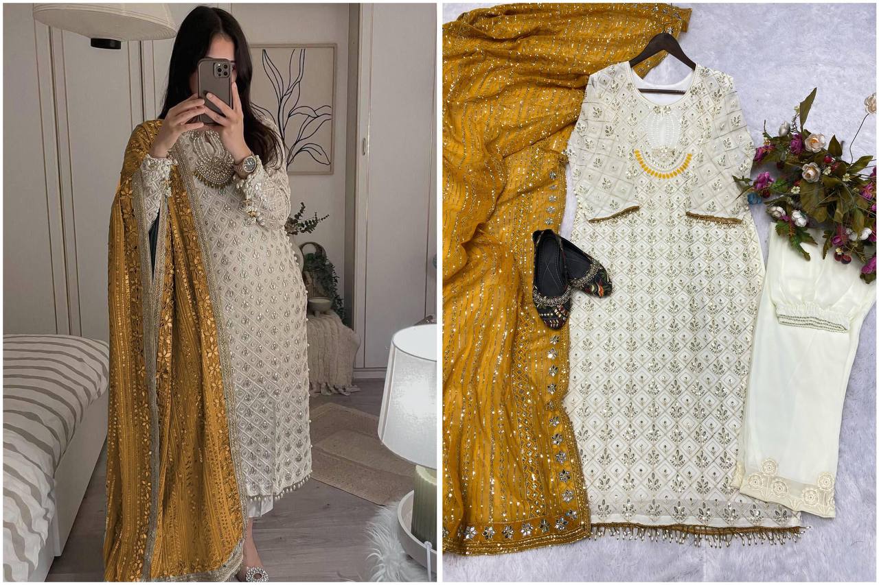 Elegant Fox Georgette Set with Sequence Embroidery & Real Mirror Dupatta YNF