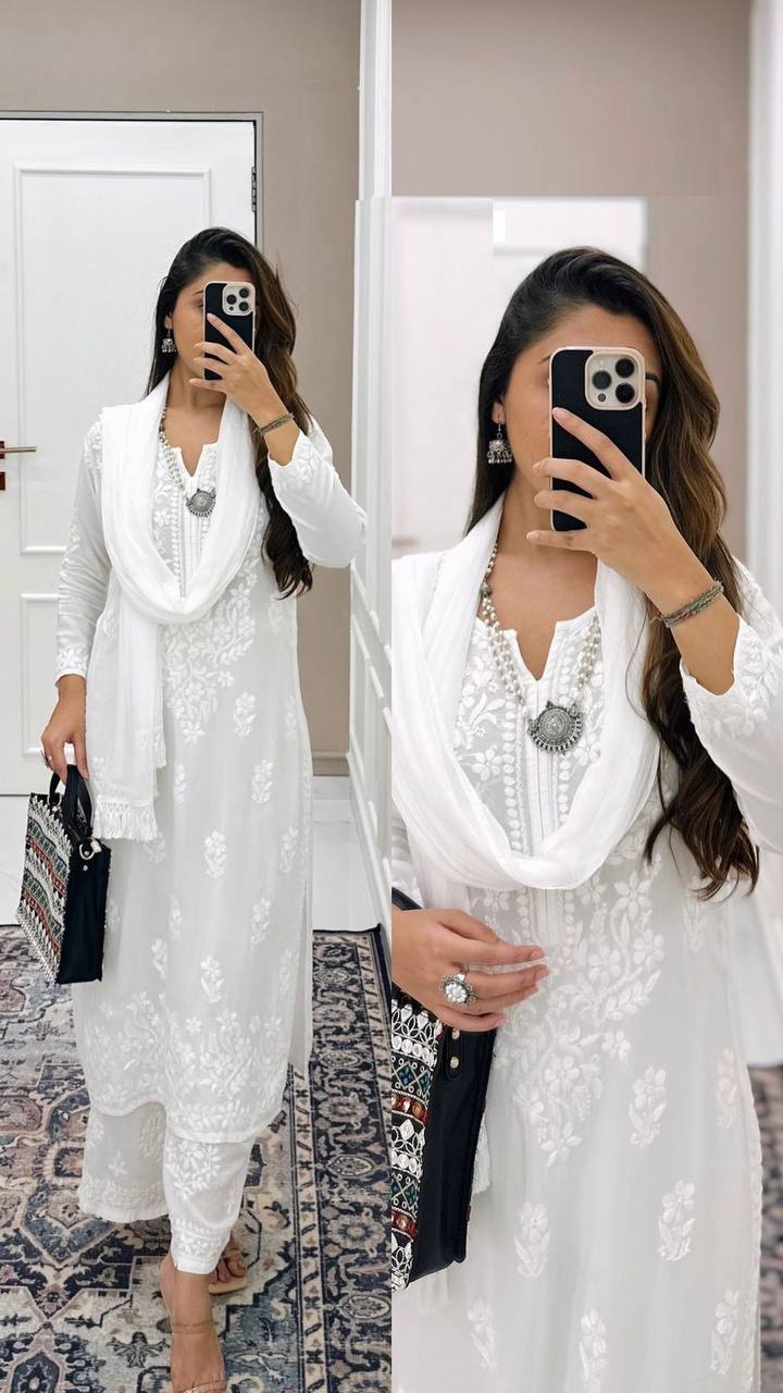 Elegant Maslin Embroidered Suit Set with Plazo & Dupatta | Thread Work Detailing YNF