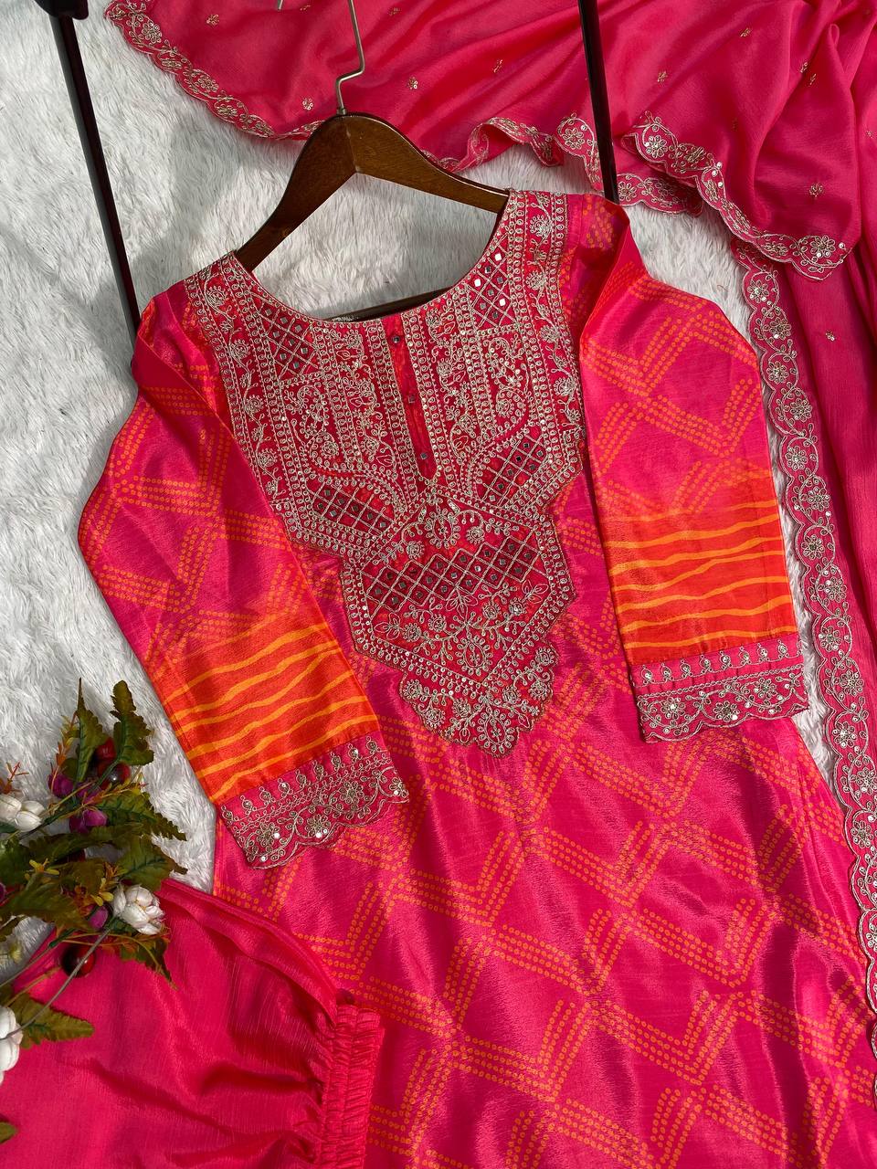 Premium Chinon Silk Suit Set with Pant & Dupatta | Real Mirror & Sequence Work YNF