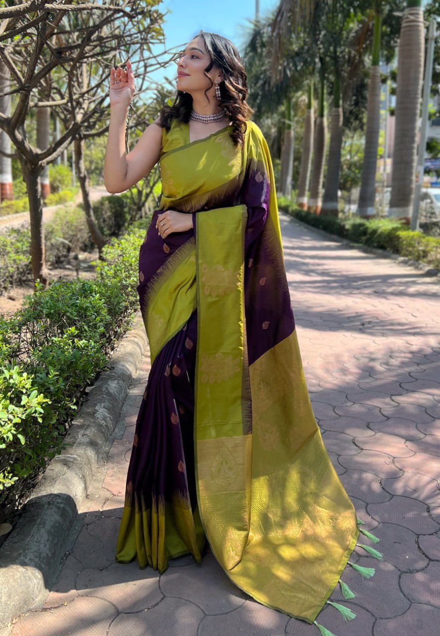 Luxurious Banarasi Soft Silk Saree with Gold Zari & Heavy Brocade Work | 5.5 M Length | 5 Color Options | Traditional Elegance YNF