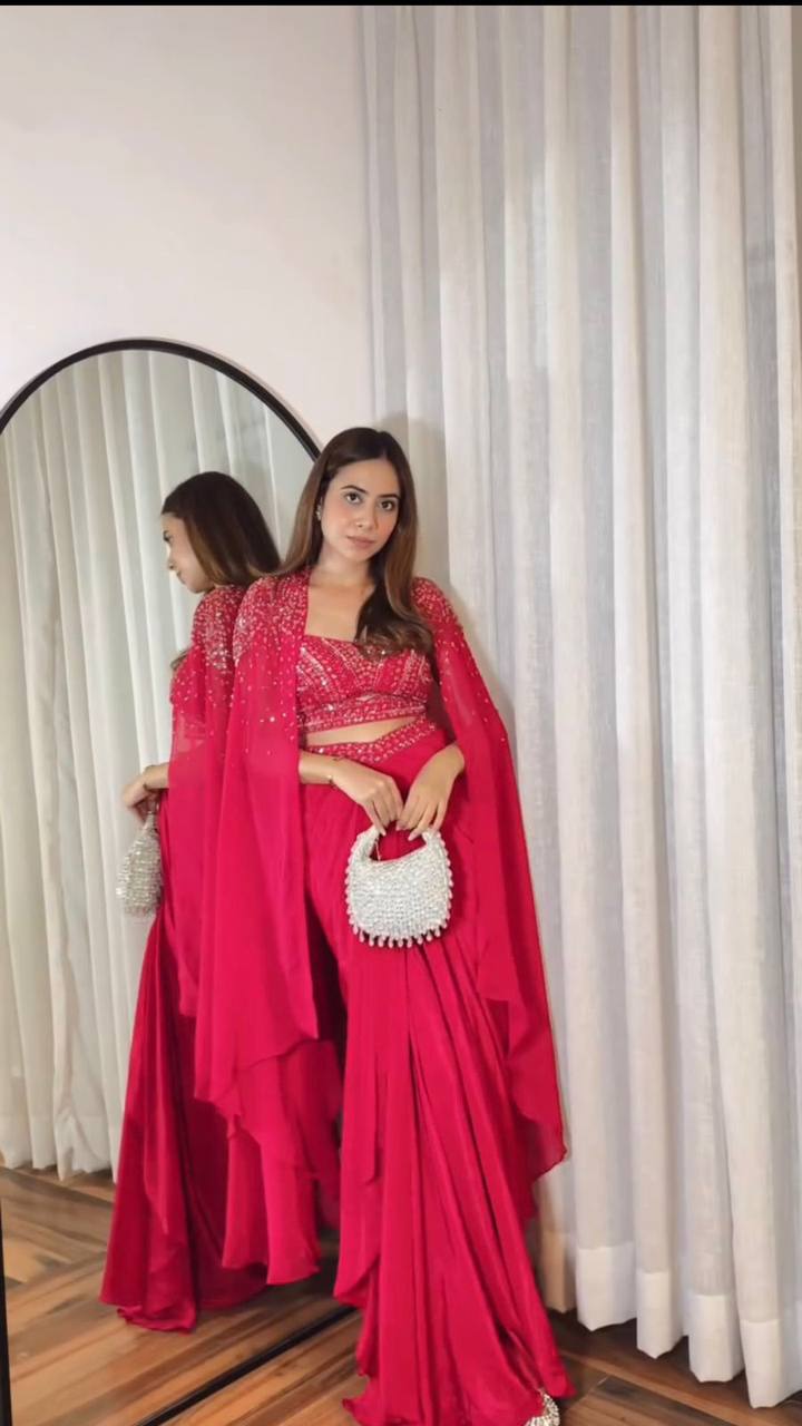 ✨Elegant 3-Piece Co-Ord Set with Draped Skirt, Tube Blouse & Embroidered Shrug | Premium Partywear Ensemble YNF