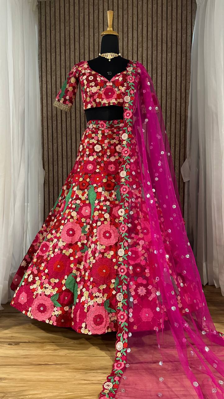 Luxury Tapeta Velvet Lehenga Set with Chainstitch Embroidery & Sequins Work | Unstitched Blouse & Net Dupatta | Premium Partywear for Women YNF