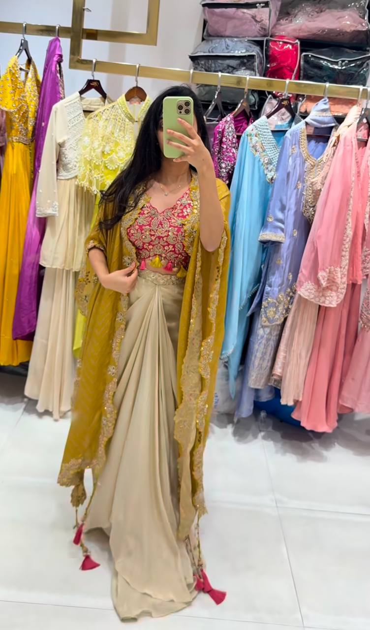 Elegant Three-Piece Ensemble with Sequence Embroidery – Tube Blouse, Draped Skirt & Shrug YNF