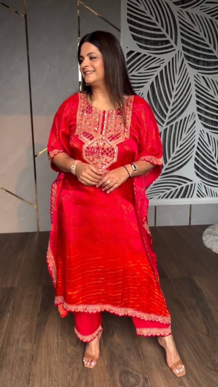 Designer Chinon Kaftan Set with Real Mirror & Luxe Embroidery | Festive Ready YNF