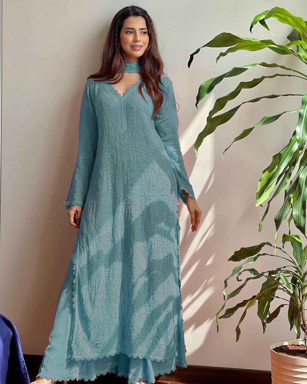 Elegant Faux Georgette Embroidered Top-Plazo Set with GPO Lace Work YNF