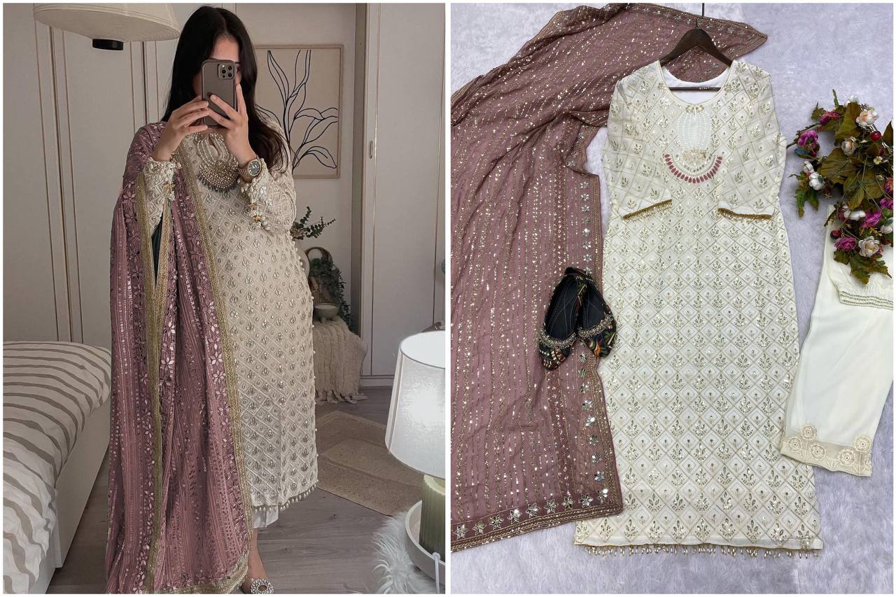 Elegant Fox Georgette Set with Sequence Embroidery & Real Mirror Dupatta YNF