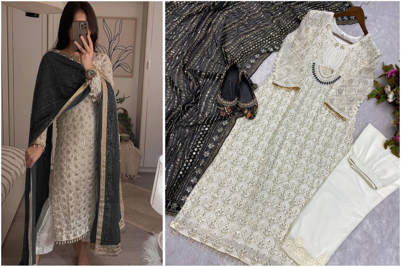 Elegant Fox Georgette Set with Sequence Embroidery & Real Mirror Dupatta YNF