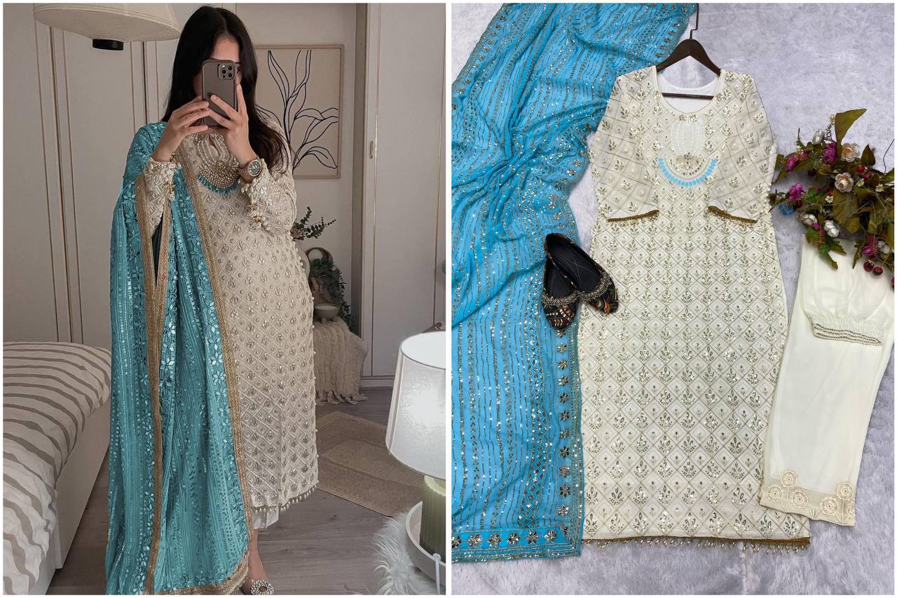 Elegant Fox Georgette Set with Sequence Embroidery & Real Mirror Dupatta YNF