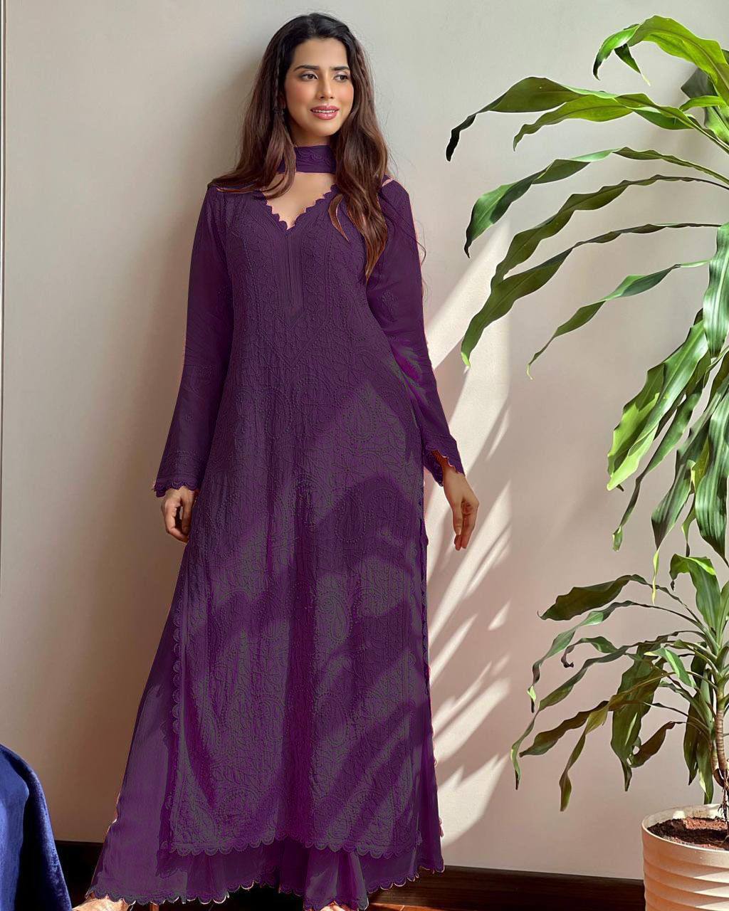 Elegant Faux Georgette Embroidered Top-Plazo Set with GPO Lace Work YNF