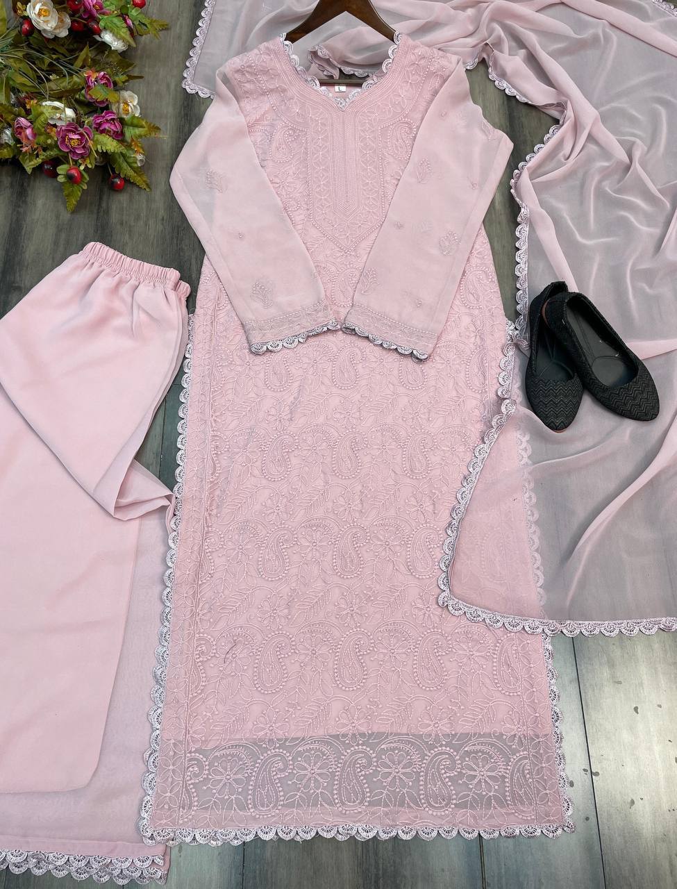 Elegant Faux Georgette Embroidered Top-Plazo Set with GPO Lace Work YNF