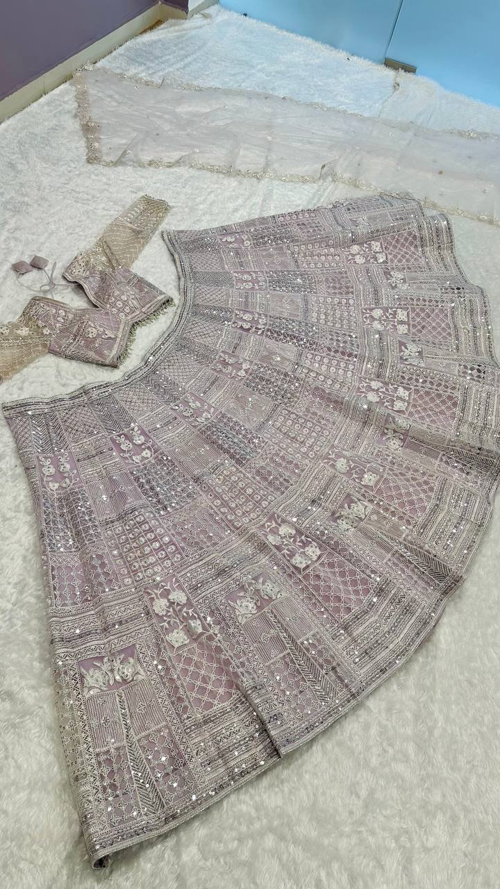 Elegant Net Lehenga Set with Resham Thread & Sequin Work | 3.25m Flair | Unstitched Blouse & Dupatta YNF