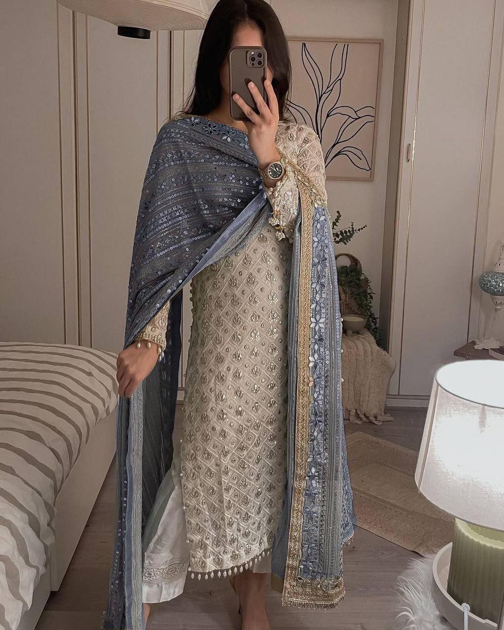 Elegant Fox Georgette Set with Sequence Embroidery & Real Mirror Dupatta YNF