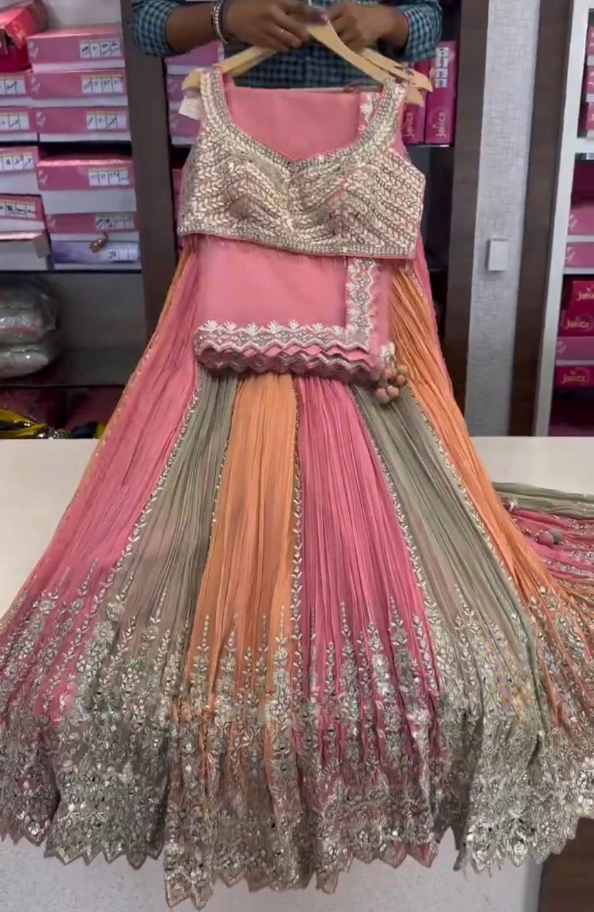 Fox Georgette Lehenga Set with Crushed Real Mirror Embroidery & Butterfly Net Dupatta YNF