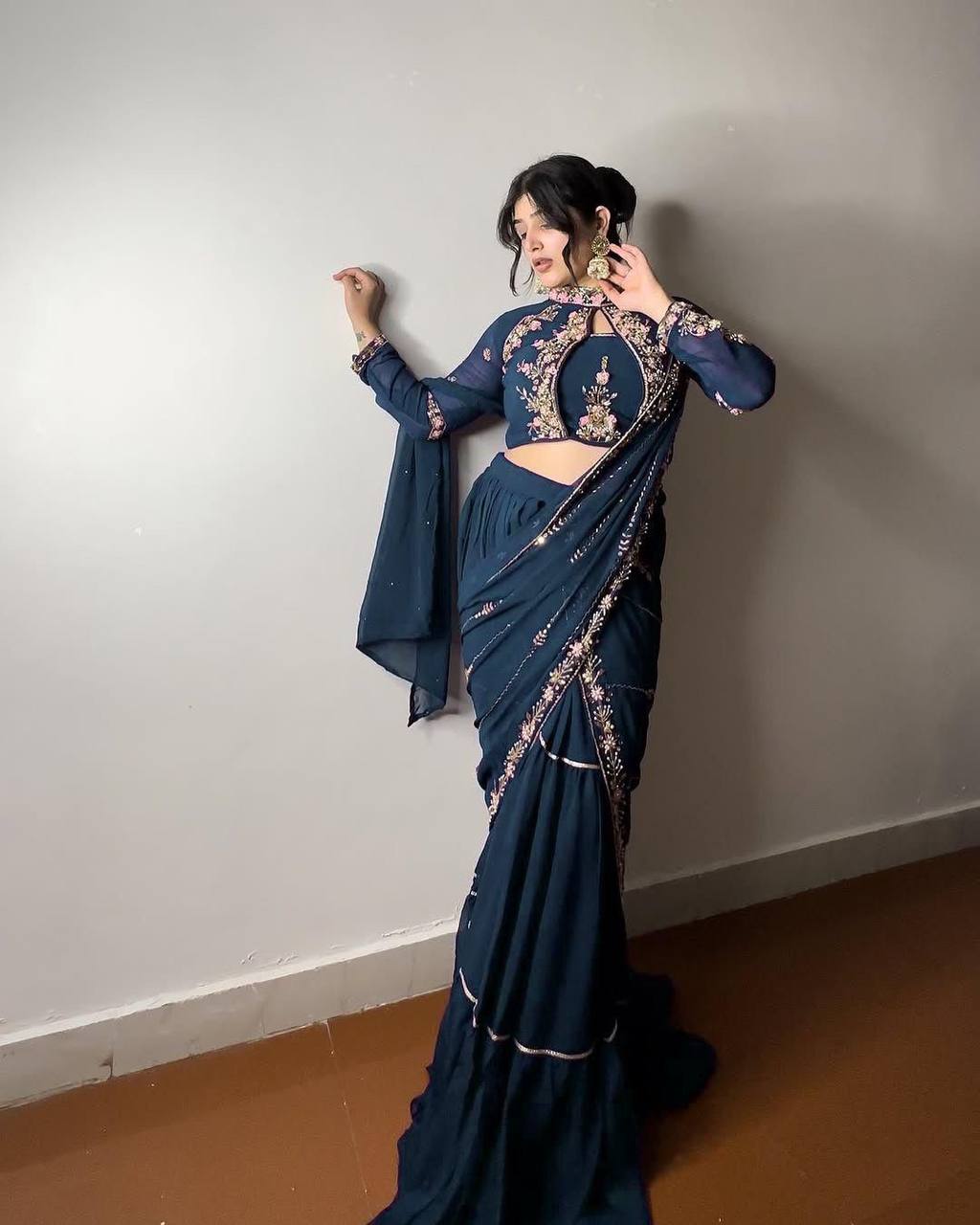 Faux Georgette Lehenga Saree with Ruffle & Mirror Work | Full Stitched with Sequins Embroidered Blouse YNF