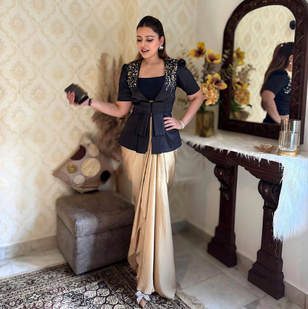rendy Ethnic Set with Tube Blouse, Dhoti & Embroidered Blazer | French Crape & Japan Satin | Free Size | Premium Finish YNF