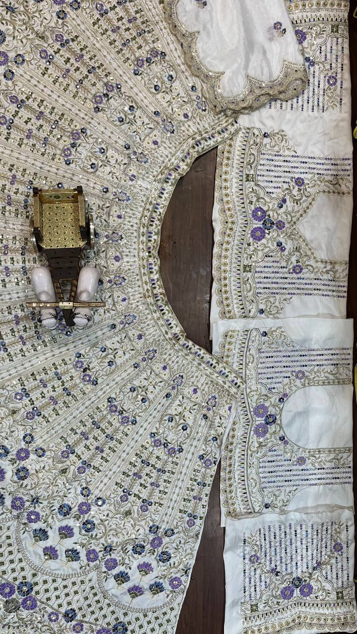 Exquisite Heavy Mono Satin Silk Lehenga Set with Sequins Cut Work, Flared 4 M, Unstitched Blouse & Soft Chinon Silk Dupatta YNF