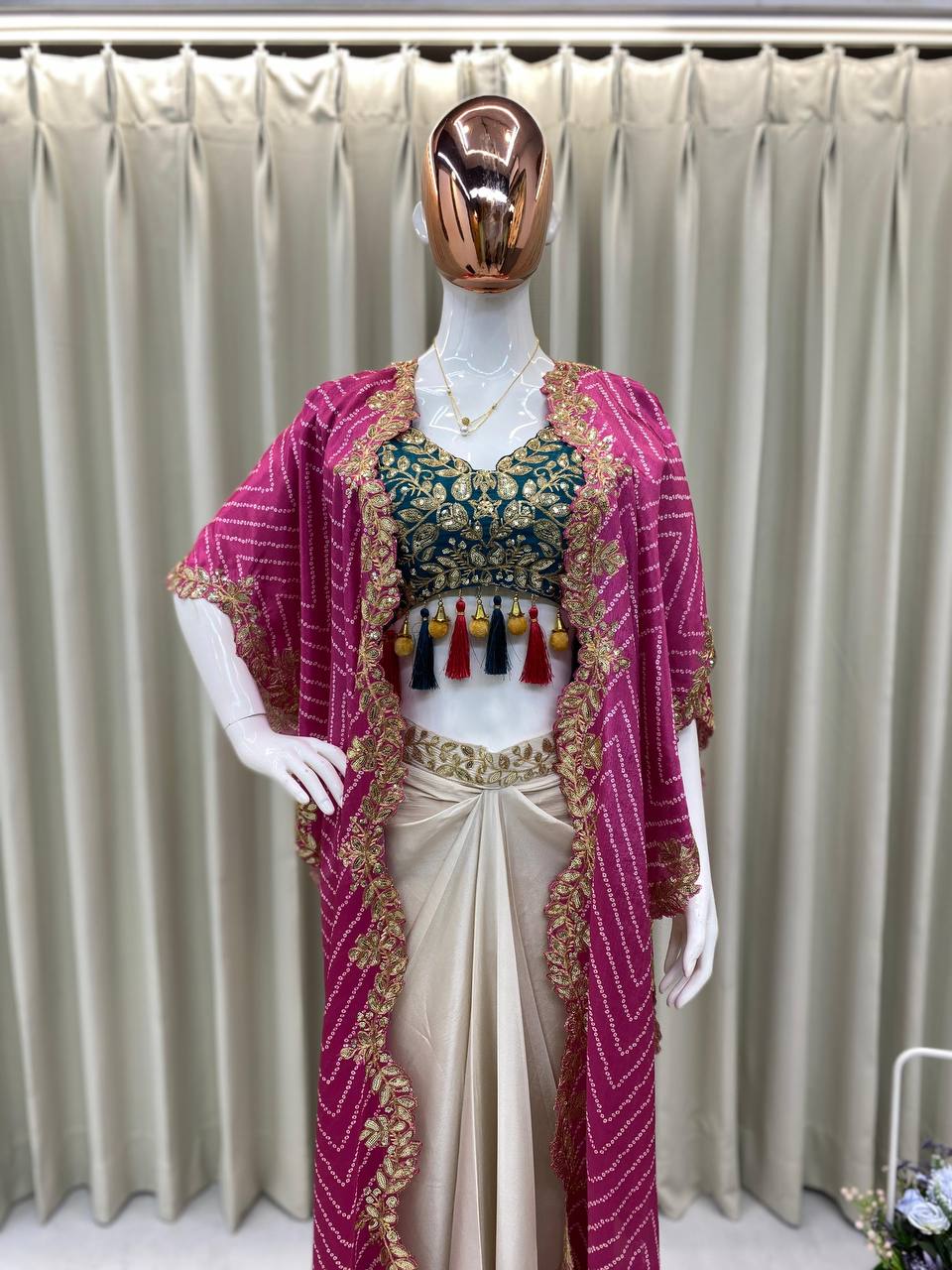 Elegant Three-Piece Ensemble with Sequence Embroidery – Tube Blouse, Draped Skirt & Shrug YNF