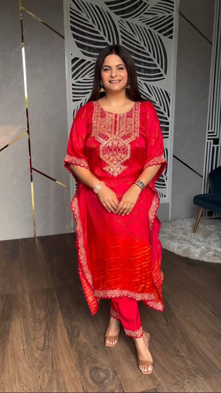 Designer Chinon Kaftan Set with Real Mirror & Luxe Embroidery | Festive Ready YNF
