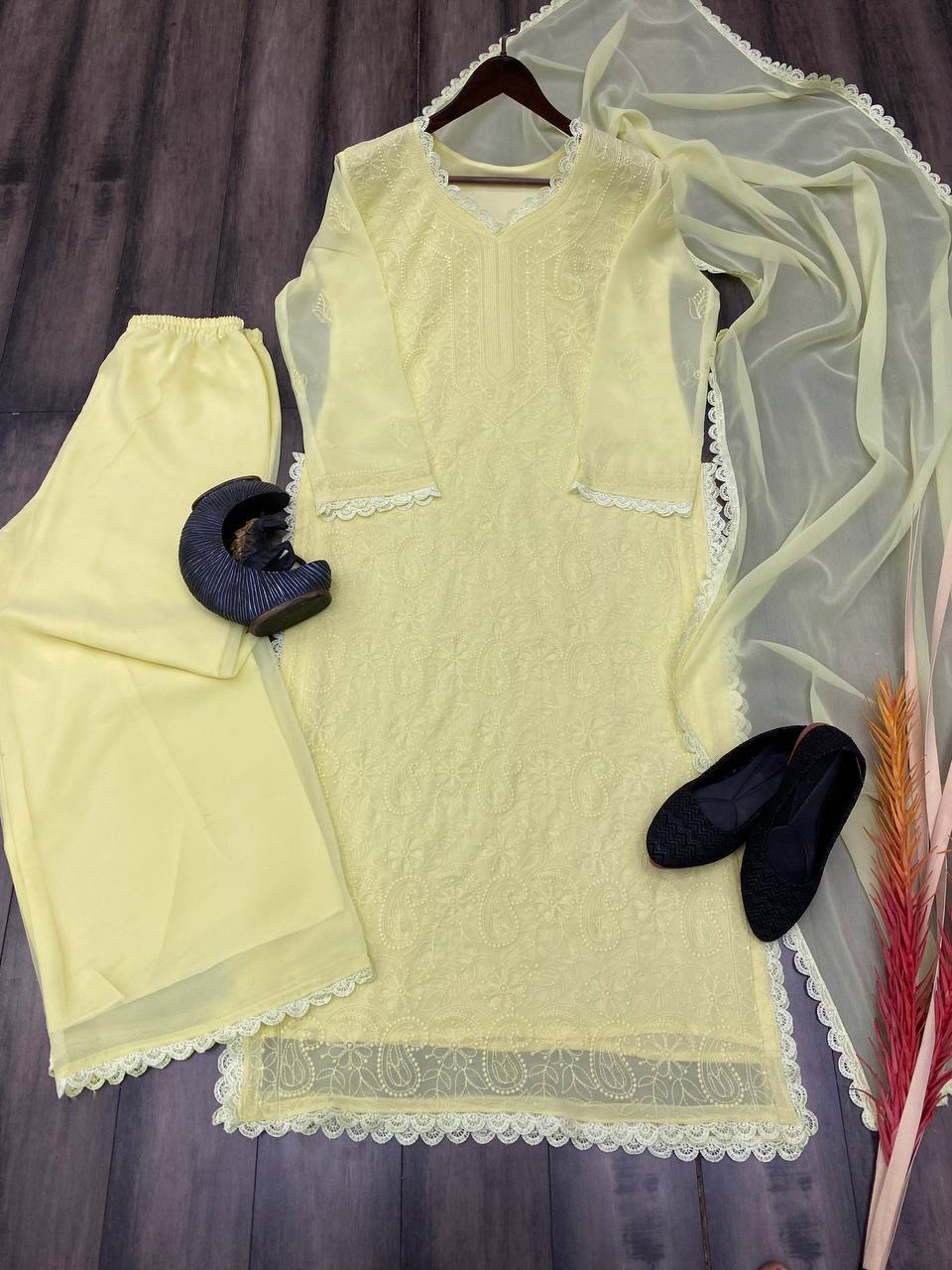Elegant Faux Georgette Embroidered Top-Plazo Set with GPO Lace Work YNF