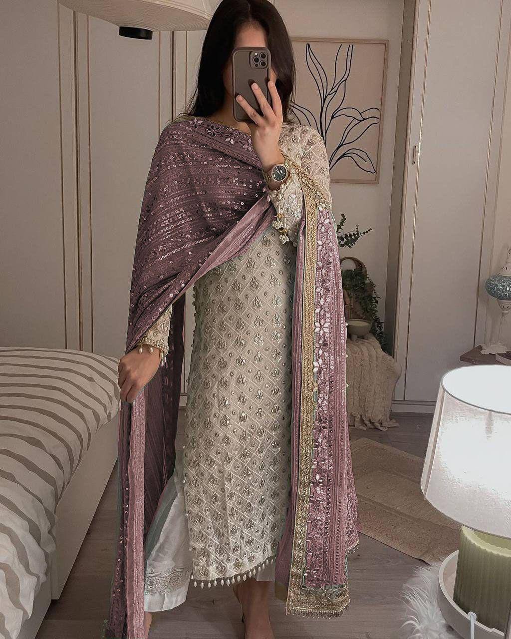 Elegant Fox Georgette Set with Sequence Embroidery & Real Mirror Dupatta YNF