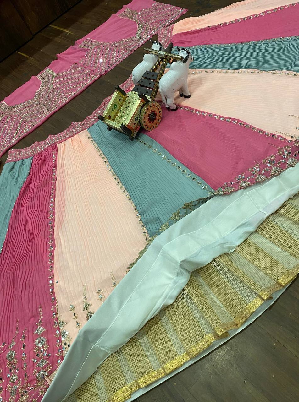 Fox Georgette Lehenga Set with Crushed Real Mirror Embroidery & Butterfly Net Dupatta YNF