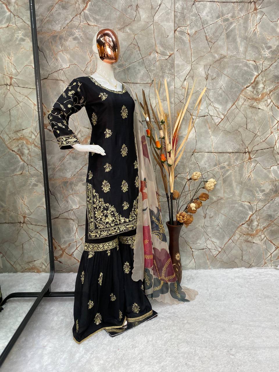 Chinon Sharara Suit Set with Sequin Embroidery & Organza Dupatta | Elegant Festive Wear 💫 YNF