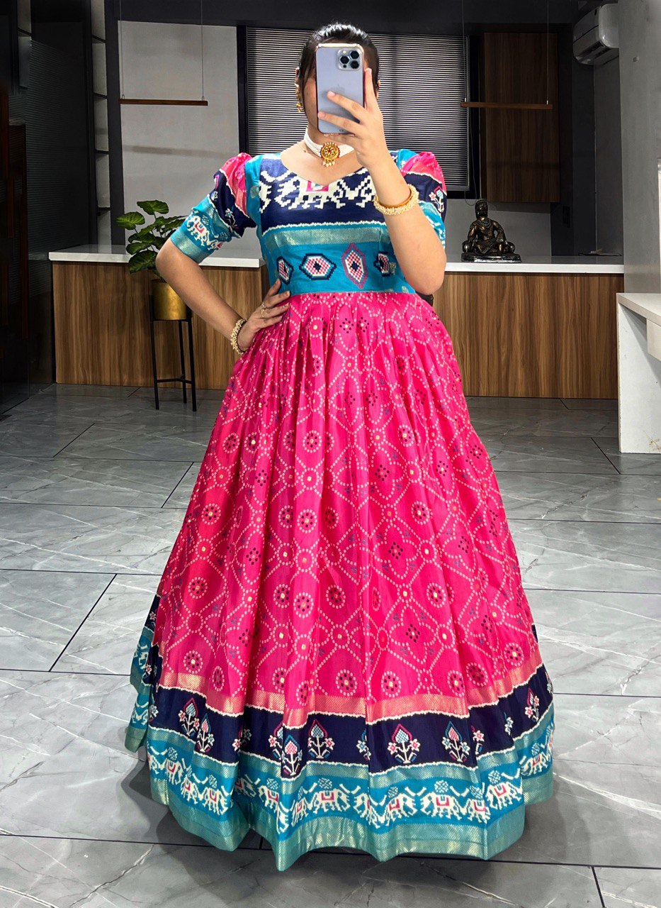 Patola Print Gown in Soft Dola Silk with Zari Border & Foil Work | Full Flare with Adjustable Fit YNF