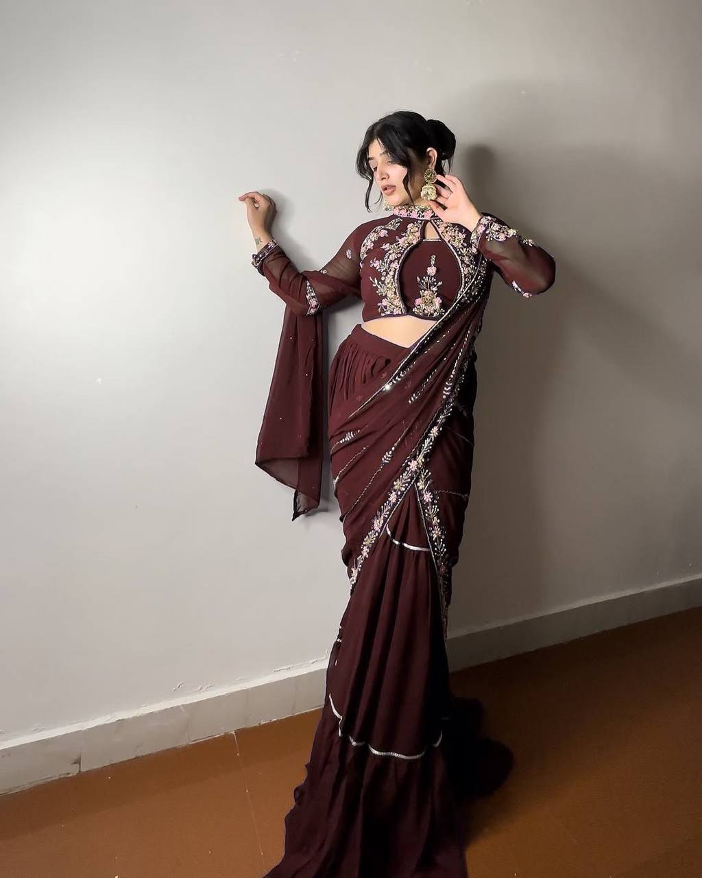 Faux Georgette Lehenga Saree with Ruffle & Mirror Work | Full Stitched with Sequins Embroidered Blouse YNF