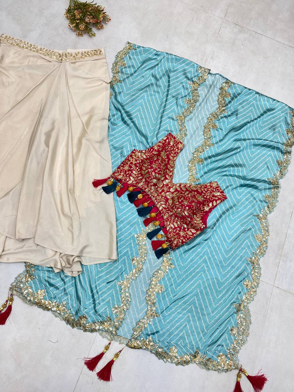 Elegant Three-Piece Ensemble with Sequence Embroidery – Tube Blouse, Draped Skirt & Shrug YNF