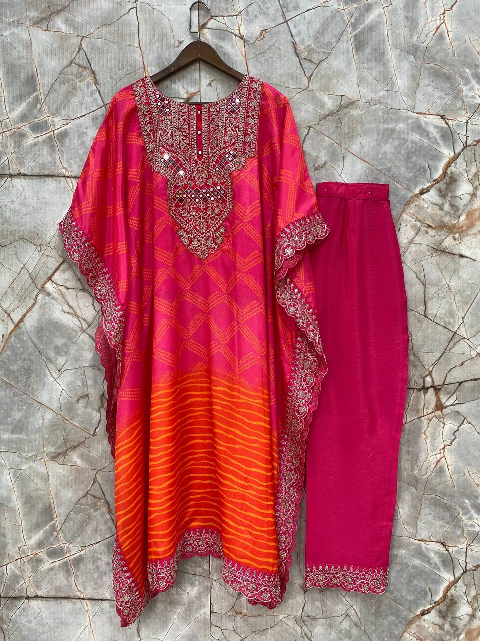 Designer Chinon Kaftan Set with Real Mirror & Luxe Embroidery | Festive Ready YNF