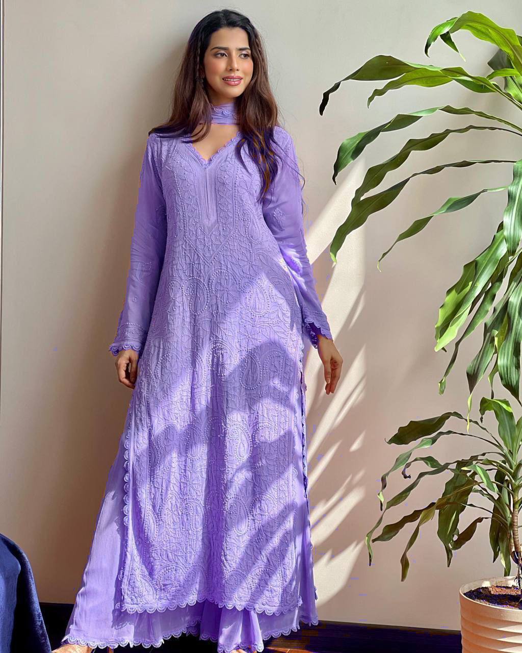 Elegant Faux Georgette Embroidered Top-Plazo Set with GPO Lace Work YNF
