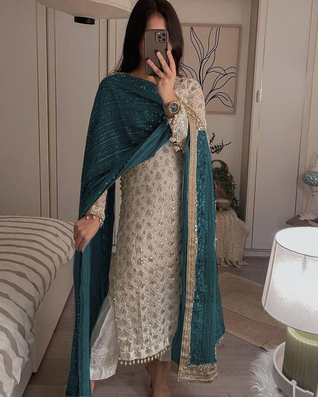 Elegant Fox Georgette Set with Sequence Embroidery & Real Mirror Dupatta YNF