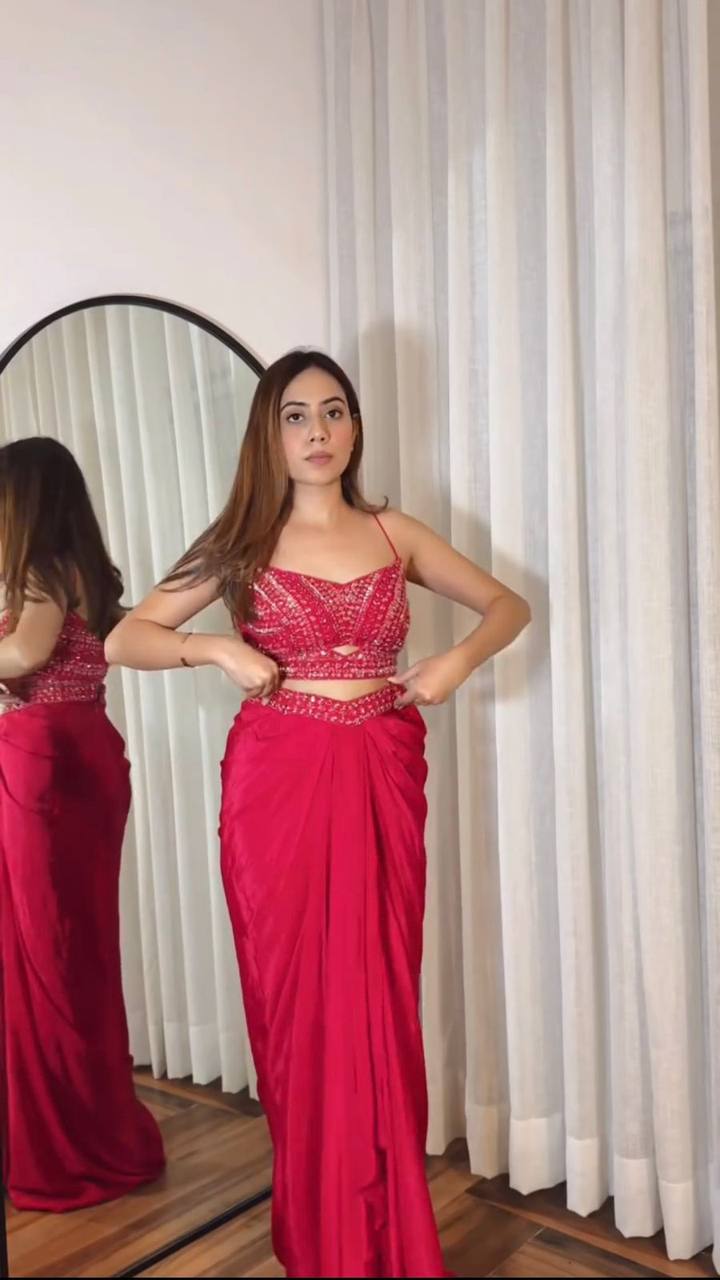 ✨Elegant 3-Piece Co-Ord Set with Draped Skirt, Tube Blouse & Embroidered Shrug | Premium Partywear Ensemble YNF