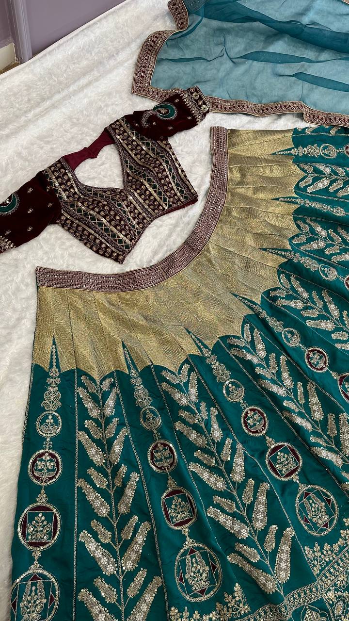 Graceful Mulmul Silk Lehenga Set with Thread, Zari, Dori & Sequins Work | 9000 Velvet Unstitched Blouse & Organza Dupatta | Premium Partywear for Women YNF
