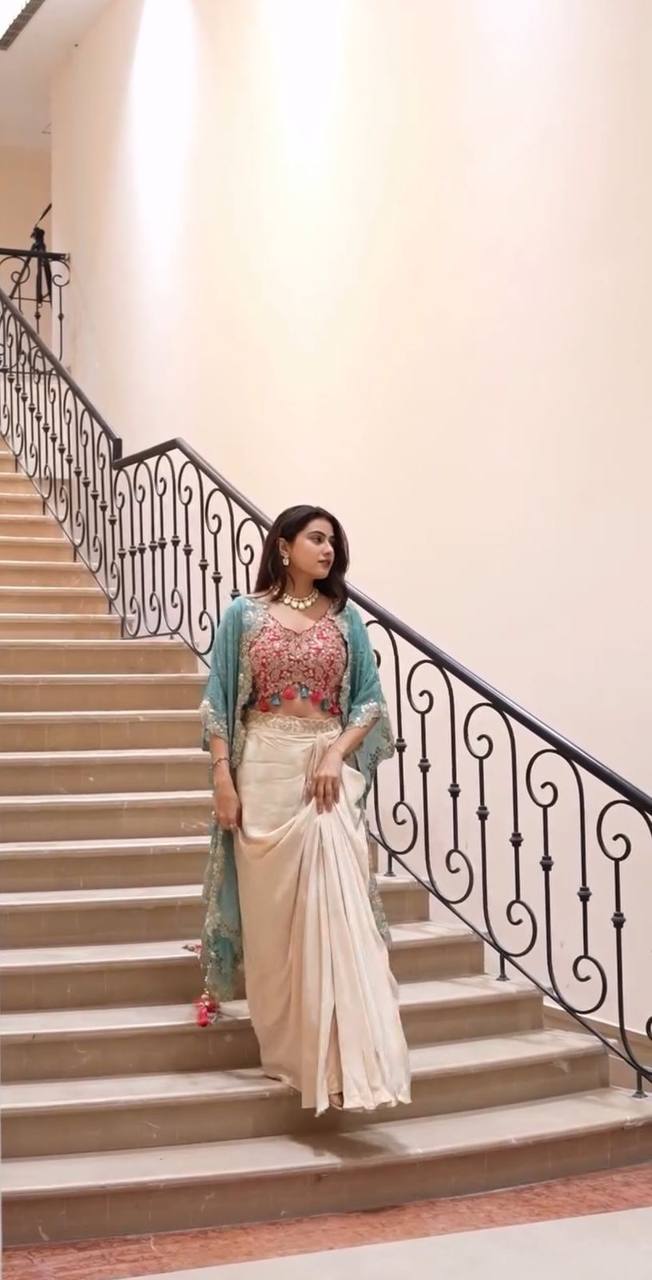 Elegant Three-Piece Ensemble with Sequence Embroidery – Tube Blouse, Draped Skirt & Shrug YNF