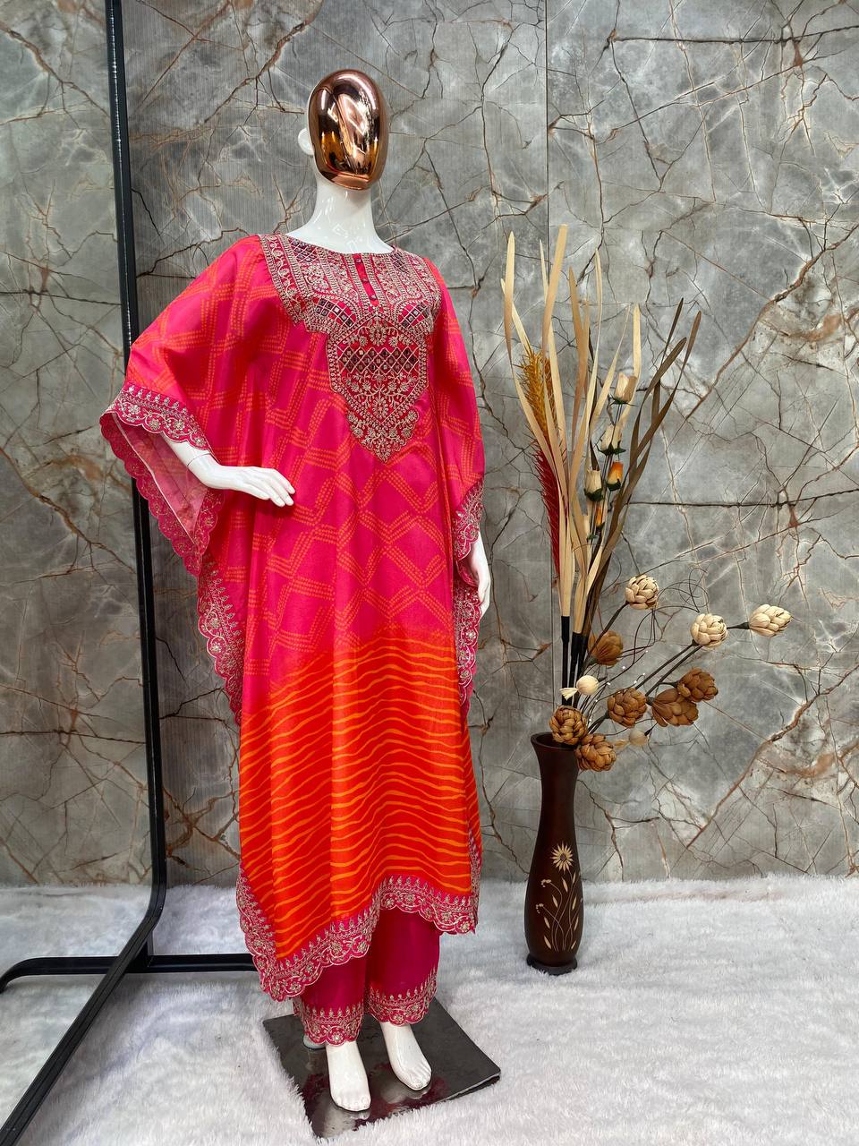 Designer Chinon Kaftan Set with Real Mirror & Luxe Embroidery | Festive Ready YNF