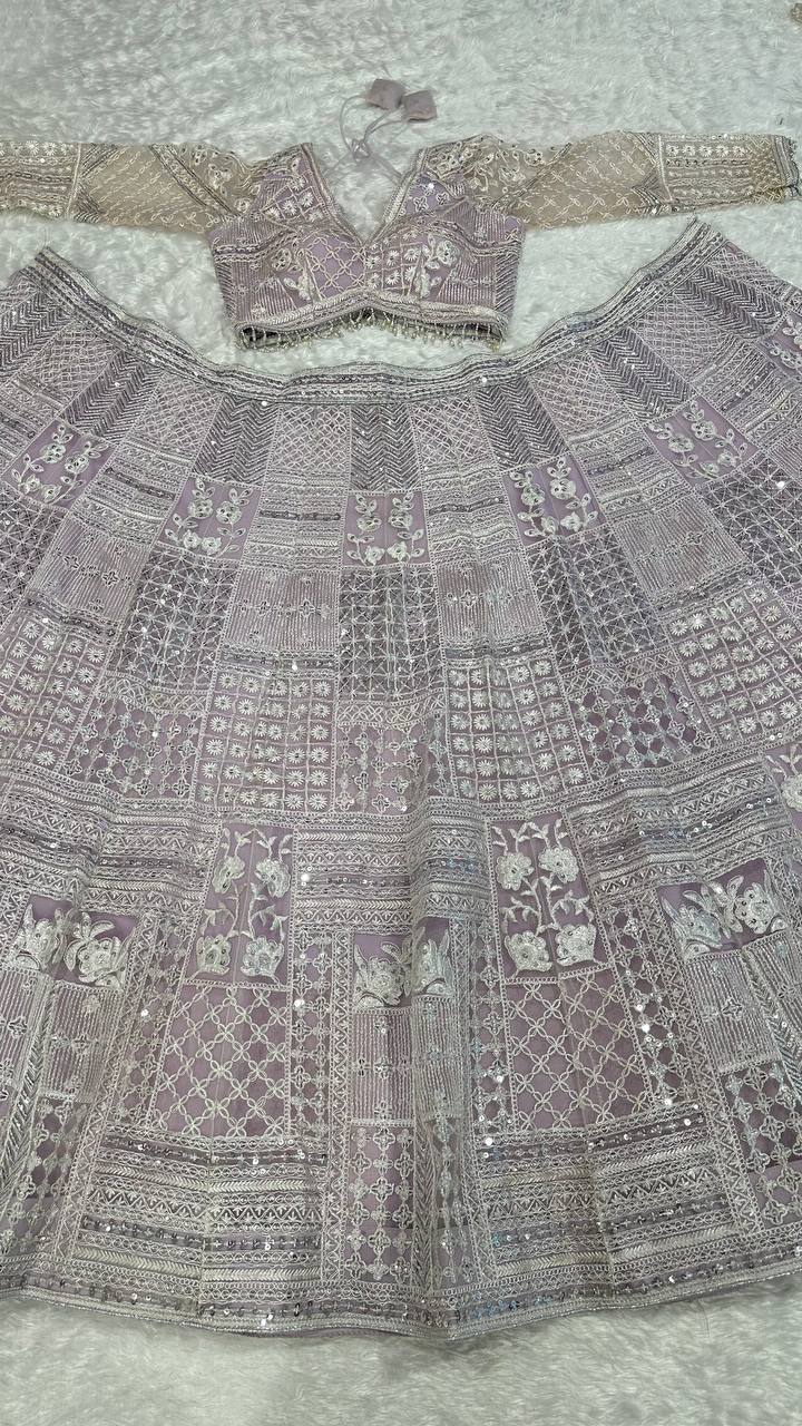 Elegant Net Lehenga Set with Resham Thread & Sequin Work | 3.25m Flair | Unstitched Blouse & Dupatta YNF