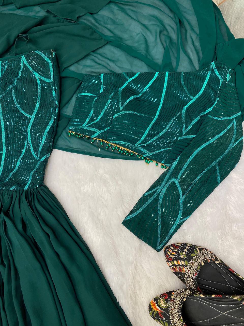 Stunning Faux Georgette Lehenga Set with Sequence Work, Ruffles & Attached Dupatta YNF