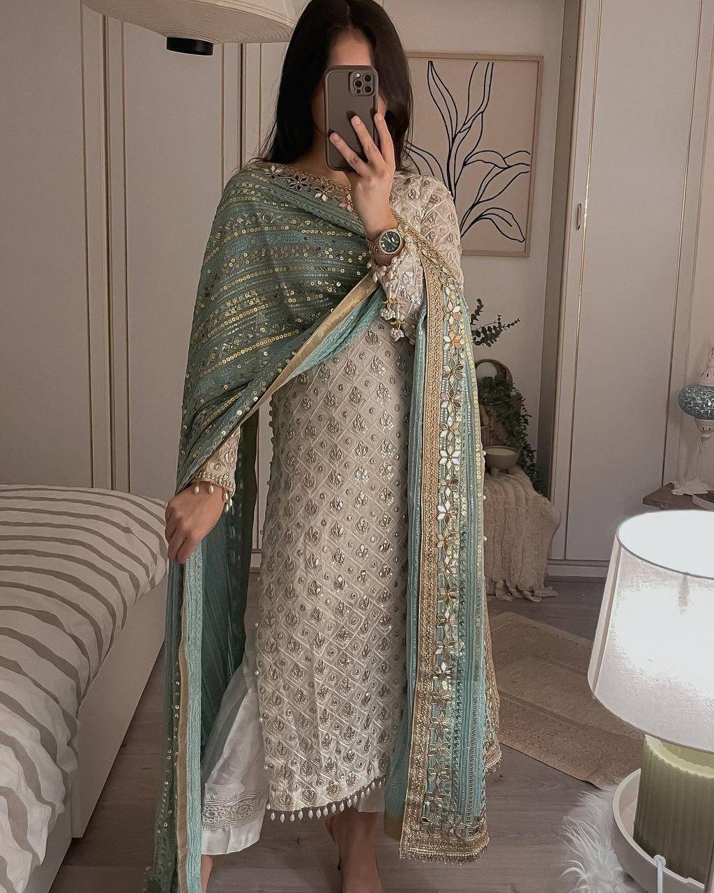 Elegant Fox Georgette Set with Sequence Embroidery & Real Mirror Dupatta YNF