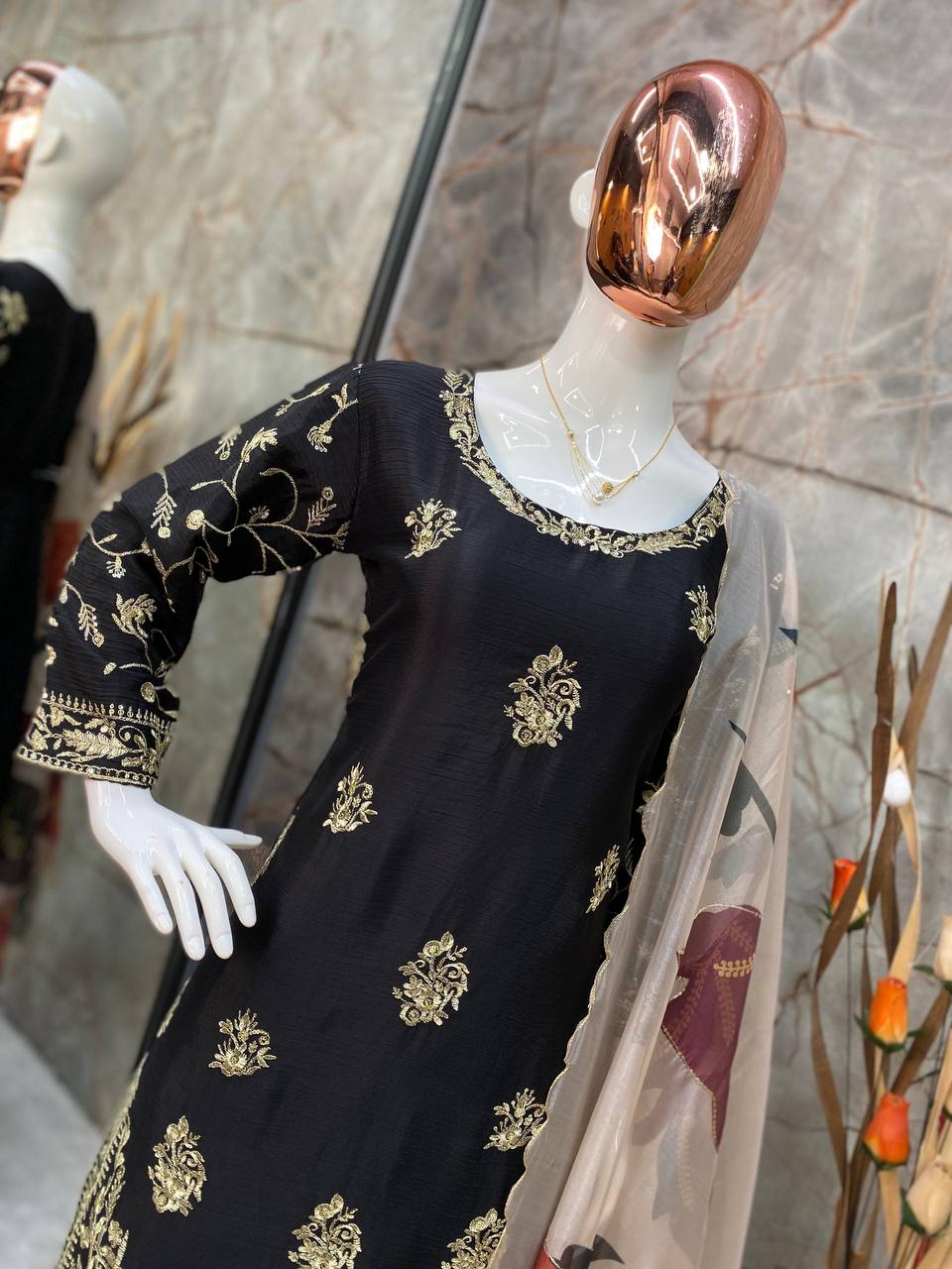 Chinon Sharara Suit Set with Sequin Embroidery & Organza Dupatta | Elegant Festive Wear 💫 YNF