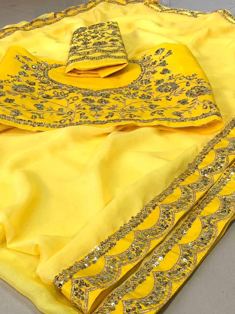 Premium Moss Chiffon Saree with Embroidery Lace & Sequins Work | Unstitched Banglory Silk Blouse YNF
