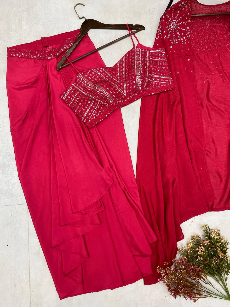 ✨Elegant 3-Piece Co-Ord Set with Draped Skirt, Tube Blouse & Embroidered Shrug | Premium Partywear Ensemble YNF