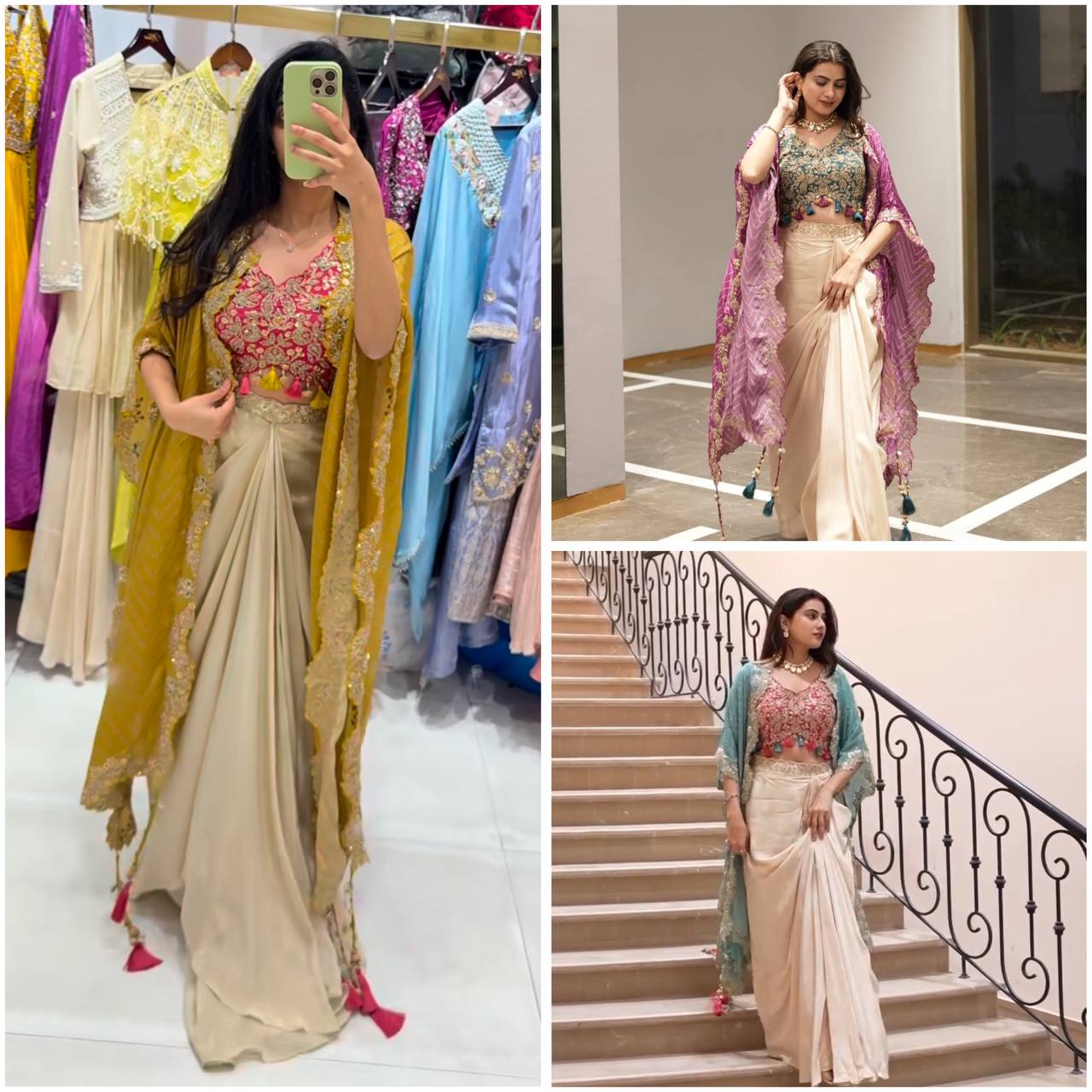 Elegant Three-Piece Ensemble with Sequence Embroidery – Tube Blouse, Draped Skirt & Shrug YNF