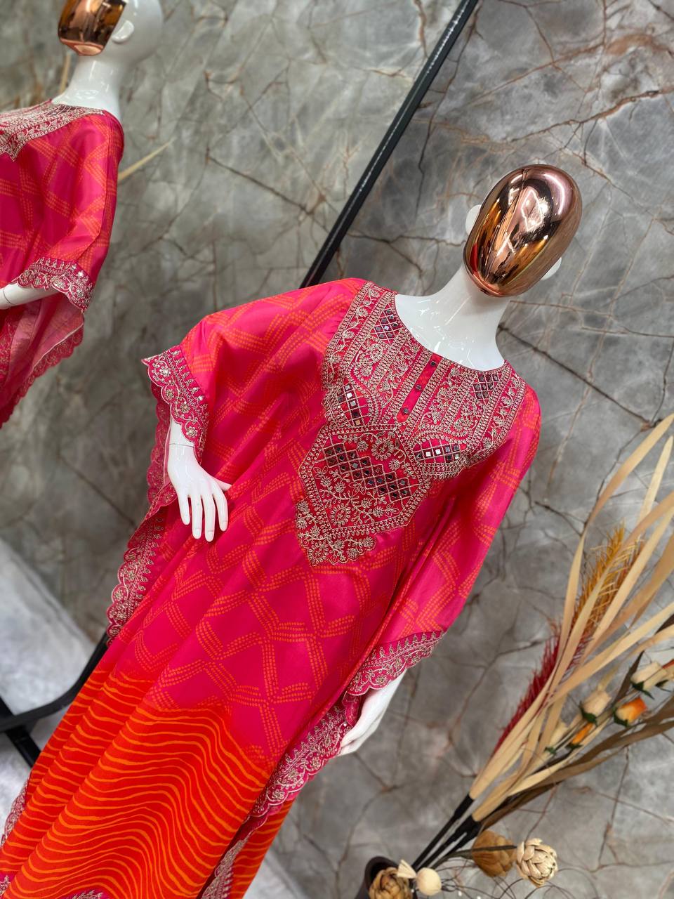 Designer Chinon Kaftan Set with Real Mirror & Luxe Embroidery | Festive Ready YNF
