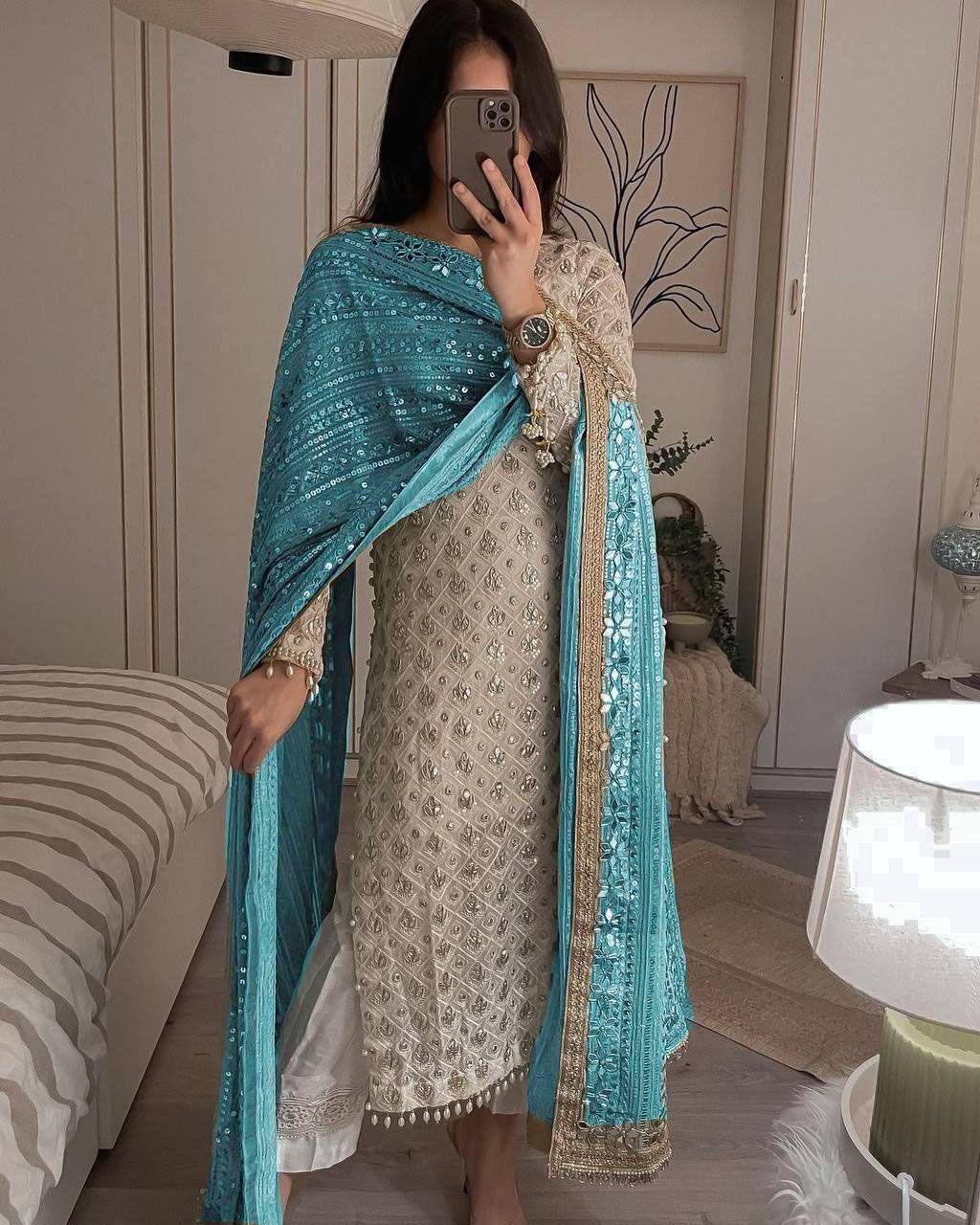 Elegant Fox Georgette Set with Sequence Embroidery & Real Mirror Dupatta YNF