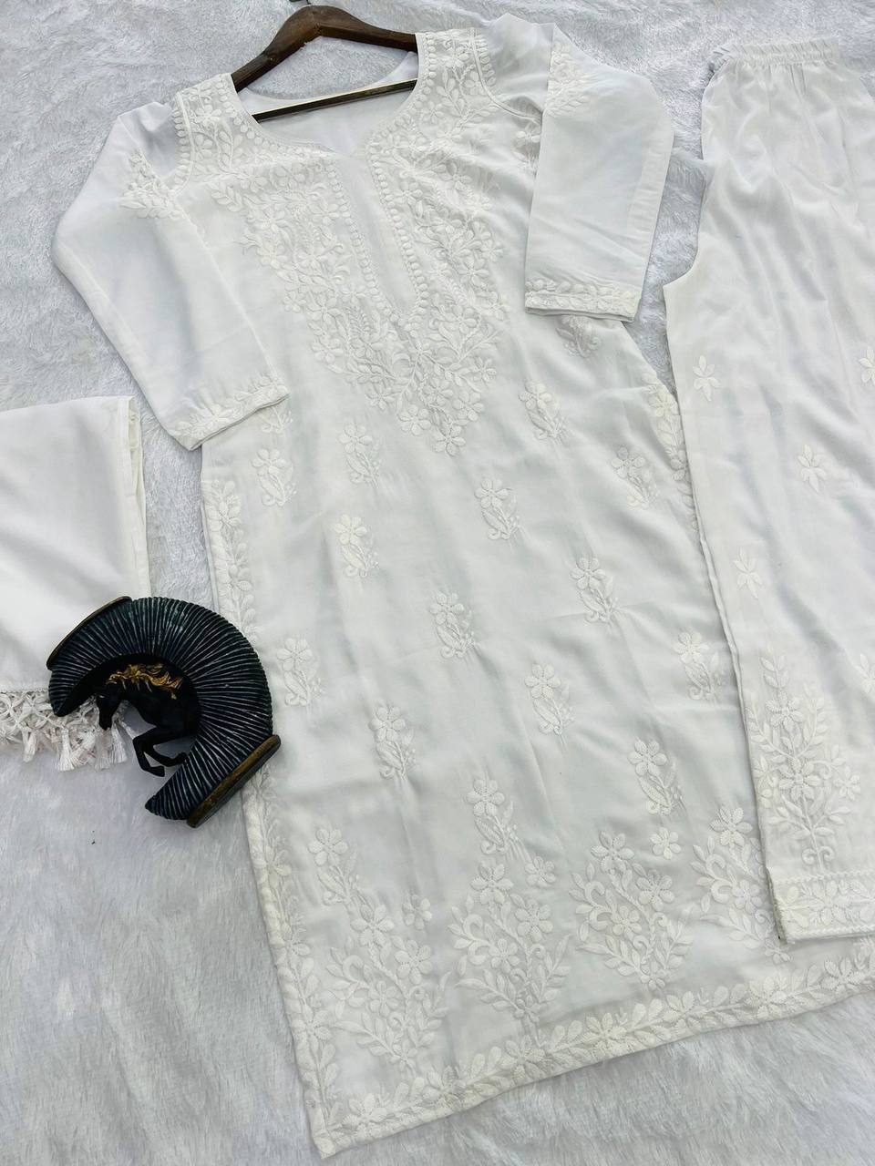 Elegant Maslin Embroidered Suit Set with Plazo & Dupatta | Thread Work Detailing YNF