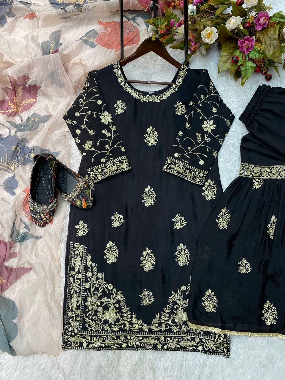Chinon Sharara Suit Set with Sequin Embroidery & Organza Dupatta | Elegant Festive Wear 💫 YNF