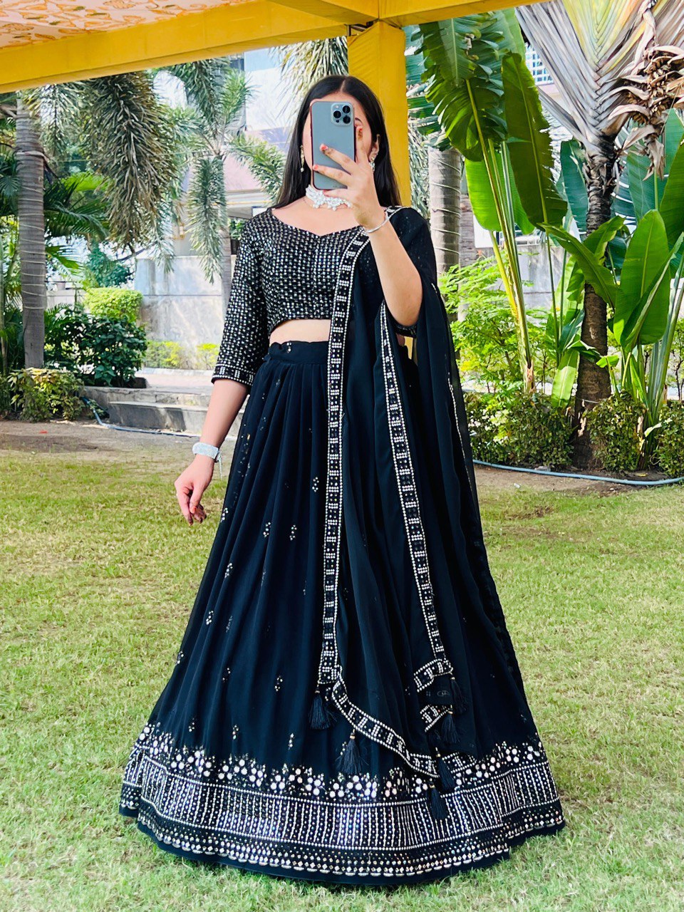 Heavy Georgette Embroidered Lehenga Set with Zari Work & Tassel Details | Stitched Lehenga with Unstitched Blouse & Dupatta YNF